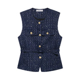 Women Elegant Solid Belt Vests Tops O Neck Metal Button Sleeveless Waistcoat Office Lady Outerwear Casual Blazer Tops