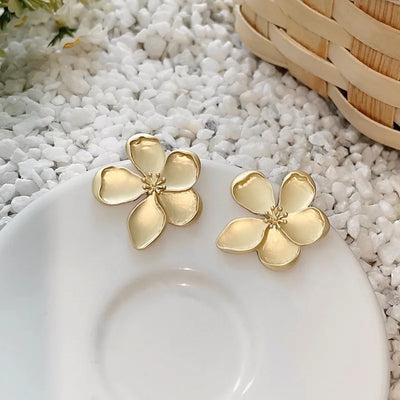 Gold Matte Texture Metal Flower Earrings for Women Girls