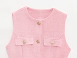 Women Elegant Solid Belt Vests Tops O Neck Metal Button Sleeveless Waistcoat Office Lady Outerwear Casual Blazer Tops