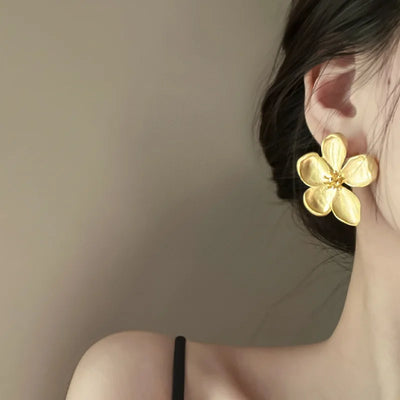 Gold Matte Texture Metal Flower Earrings for Women Girls