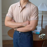 Vertical Stripe Knit Polo Men's Shirts Summer New Slim Solid Color Breathable Turn-Down Collar Business Short Sleeve Polo Tops