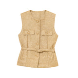 Women Elegant Solid Belt Vests Tops O Neck Metal Button Sleeveless Waistcoat Office Lady Outerwear Casual Blazer Tops