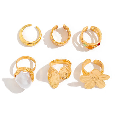Ingemark Metal Flower Open Rings Women Elegant Baroque Imitation Pearl Ring