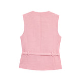 Women Elegant Solid Belt Vests Tops O Neck Metal Button Sleeveless Waistcoat Office Lady Outerwear Casual Blazer Tops
