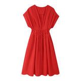 Spring Summer Vintage Women Dresses Fashion Single Breasted Sashes Draped V Neck Sleeveless Solid Ladies Dresses