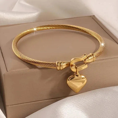 18k Gold Stainless Steel Heart Pendant Charm Bangle Bracelets for Men Women