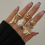 Ingemark Metal Flower Open Rings Women Elegant Baroque Imitation Pearl Ring