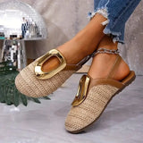 Vacation Style Straw Weaving Women's Sandals Hollow Back Strap Platform Heel Half Slippers Comfortable Flat Bottom Shoes