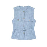 Women Elegant Solid Belt Vests Tops O Neck Metal Button Sleeveless Waistcoat Office Lady Outerwear Casual Blazer Tops