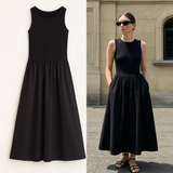 MUJER Black Pleated Long Dresses for Women Knitted Sleeveless Maxi Dress Woman Vintage Party Womens Dresses Spring Casual Dress