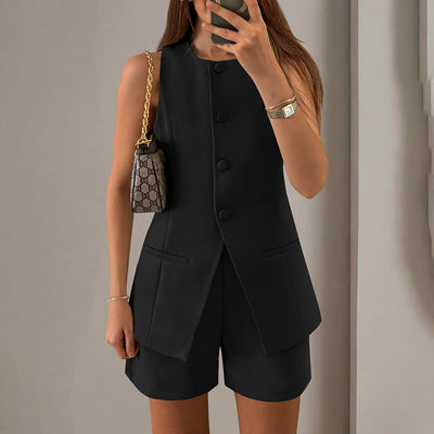 Women's Summer 2 Piece Short Sets Sleeveless Crew Neck Suit Vest Tops High Waist Shorts Business Outfits