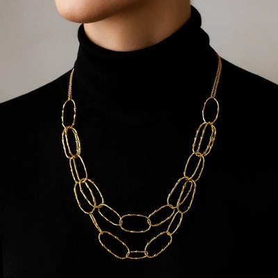 Stainless Steel Circle Link Double Layer Chain Golden Necklace