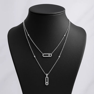 Paperclip Double Layer Necklace Women Full Diamonds 18K Gold Pendant Tassel Clavicle Chain
