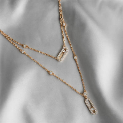 Paperclip Double Layer Necklace Women Full Diamonds 18K Gold Pendant Tassel Clavicle Chain