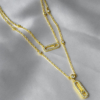 Paperclip Double Layer Necklace Women Full Diamonds 18K Gold Pendant Tassel Clavicle Chain