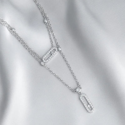 Paperclip Double Layer Necklace Women Full Diamonds 18K Gold Pendant Tassel Clavicle Chain
