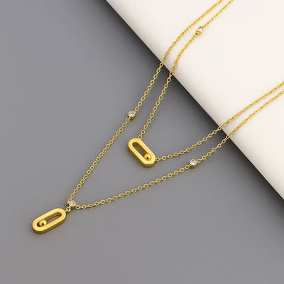 Paperclip Double Layer Necklace Women Full Diamonds 18K Gold Pendant Tassel Clavicle Chain