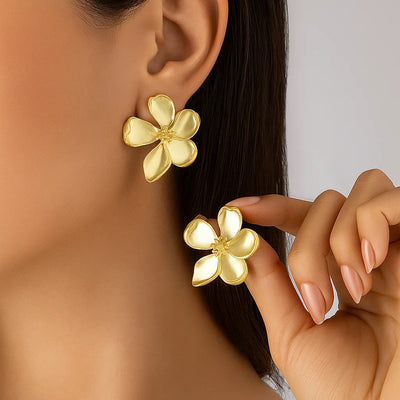 Gold Matte Texture Metal Flower Earrings for Women Girls