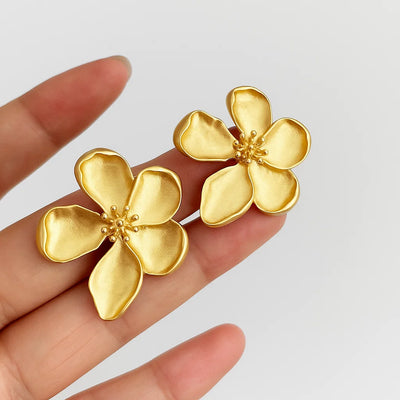 Gold Matte Texture Metal Flower Earrings for Women Girls