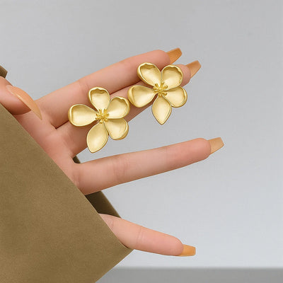 Gold Matte Texture Metal Flower Earrings for Women Girls