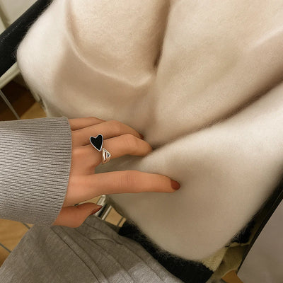 QMCOCO Design Adjustable Silver Rings Women Fashion Elegant Vintage Black LOVE Heart-Shape Girl Birthday Jewelry Gifts