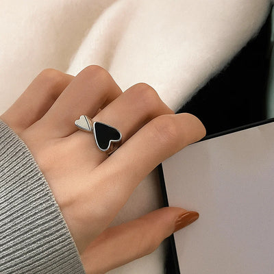 QMCOCO Design Adjustable Silver Rings Women Fashion Elegant Vintage Black LOVE Heart-Shape Girl Birthday Jewelry Gifts