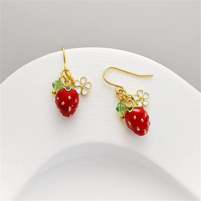 Cute Strawberry Flower Earrings Green Crystal Women Romantic Accessories