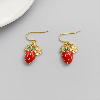 Cute Strawberry Flower Earrings Green Crystal Women Romantic Accessories
