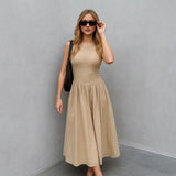 MUJER Black Pleated Long Dresses for Women Knitted Sleeveless Maxi Dress Woman Vintage Party Womens Dresses Spring Casual Dress