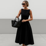 MUJER Black Pleated Long Dresses for Women Knitted Sleeveless Maxi Dress Woman Vintage Party Womens Dresses Spring Casual Dress