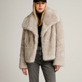 Women Fashion Cropped Faux Fur Jacket Coat Long Sleeve Front Snap-button Female Outerwear Chic Lapel Collar Thick Coat