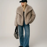 Women Fashion Cropped Faux Fur Jacket Coat Long Sleeve Front Snap-button Female Outerwear Chic Lapel Collar Thick Coat