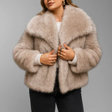 Women Fashion Cropped Faux Fur Jacket Coat Long Sleeve Front Snap-button Female Outerwear Chic Lapel Collar Thick Coat