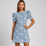 Women's Summer Mini Dress Short Sleeve Floral Jacquard Puff Sleeve Crew Neck Dress