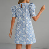 Women's Summer Mini Dress Short Sleeve Floral Jacquard Puff Sleeve Crew Neck Dress