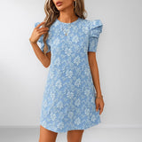 Women's Summer Mini Dress Short Sleeve Floral Jacquard Puff Sleeve Crew Neck Dress