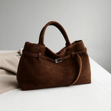 Solid Faux Suede Handbag - Decorative Design Large Capacity Casual Tote Bag for Women (Portable Shoulder Bag)