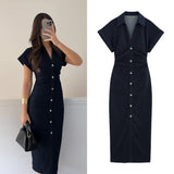 traf Spring New 1975 series denim MIDI dress with lapel side zipper fashion wrinkle waist slim elegant dress