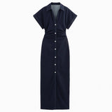 traf Spring New 1975 series denim MIDI dress with lapel side zipper fashion wrinkle waist slim elegant dress