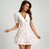 French Style V-neck Puff Sleeve Dress Waist Trimming Printing Ruffles