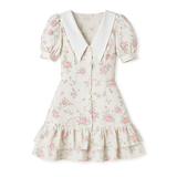 French Style V-neck Puff Sleeve Dress Waist Trimming Printing Ruffles
