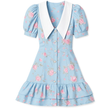 French Style V-neck Puff Sleeve Dress Waist Trimming Printing Ruffles