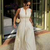 MUJER Zipper Long Dress Woman Pleated Sleeveless Bodycon Dress Summer Elegant Party Dresses For Women 2025 New Midi Dresses