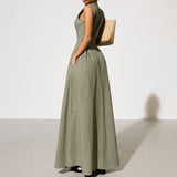 MUJER Zipper Long Dress Woman Pleated Sleeveless Bodycon Dress Summer Elegant Party Dresses For Women 2025 New Midi Dresses