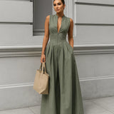 MUJER Zipper Long Dress Woman Pleated Sleeveless Bodycon Dress Summer Elegant Party Dresses For Women 2025 New Midi Dresses