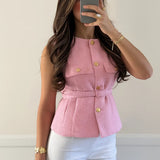 Women Elegant Solid Belt Vests Tops O Neck Metal Button Sleeveless Waistcoat Office Lady Outerwear Casual Blazer Tops