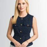 Women Elegant Solid Belt Vests Tops O Neck Metal Button Sleeveless Waistcoat Office Lady Outerwear Casual Blazer Tops
