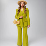 Spring Summer Elegant Solid Office Lady Suits Fashion Sashes Shrug Single Breasted Straight Blazers Chic Flare Pants