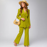 Spring Summer Elegant Solid Office Lady Suits Fashion Sashes Shrug Single Breasted Straight Blazers Chic Flare Pants