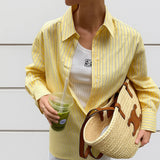 Spring Summer Butter Yellow Striped Women Loose Shirts Fashion Turndown Collar Single Breasted Thin Lady Shirts